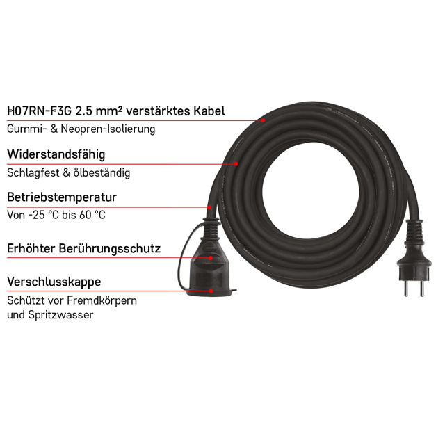 5m Waterproof Rubber Power Cable for Garden & Construction - IP44 Schuko Plug