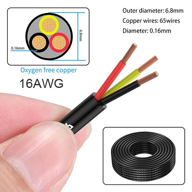 UL 2464 22AWG16AWG 3C Oxygen-Free Copper Wire Flexible Cable for LED Strip Installations 