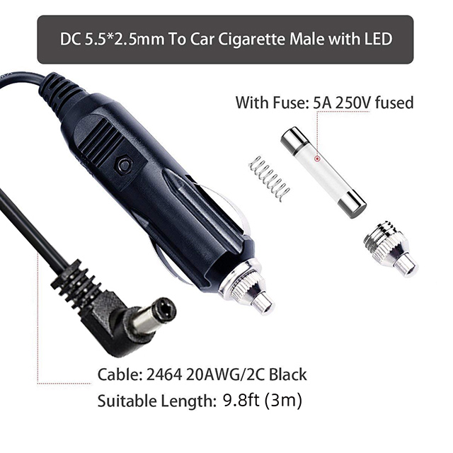 12V-24V 3m Car Cigarette Lighter Male Plug To DC 5.5mm X 2.1mm Connector, Car Charger Auto Power Supply Cord Connect with Cigar Female Socket