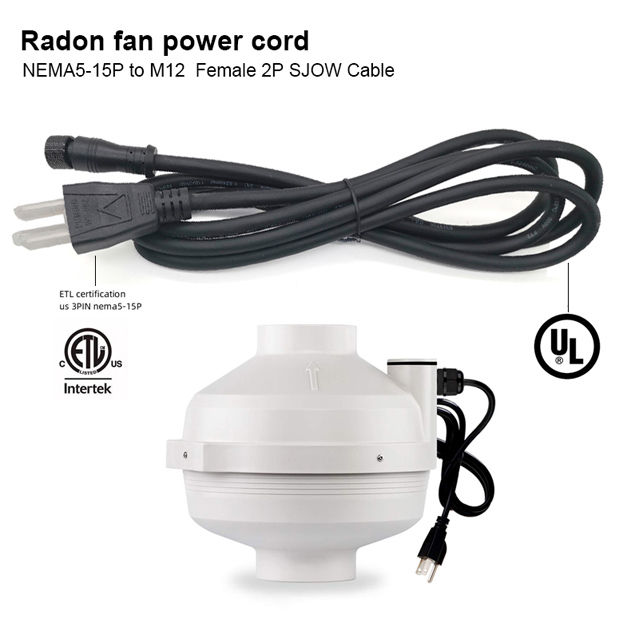 Radon fan power cord NEMA5-15P 3pin to M12 2pin 18AWG 2C SJOW outdoor indoor waterproof extension rubber cable