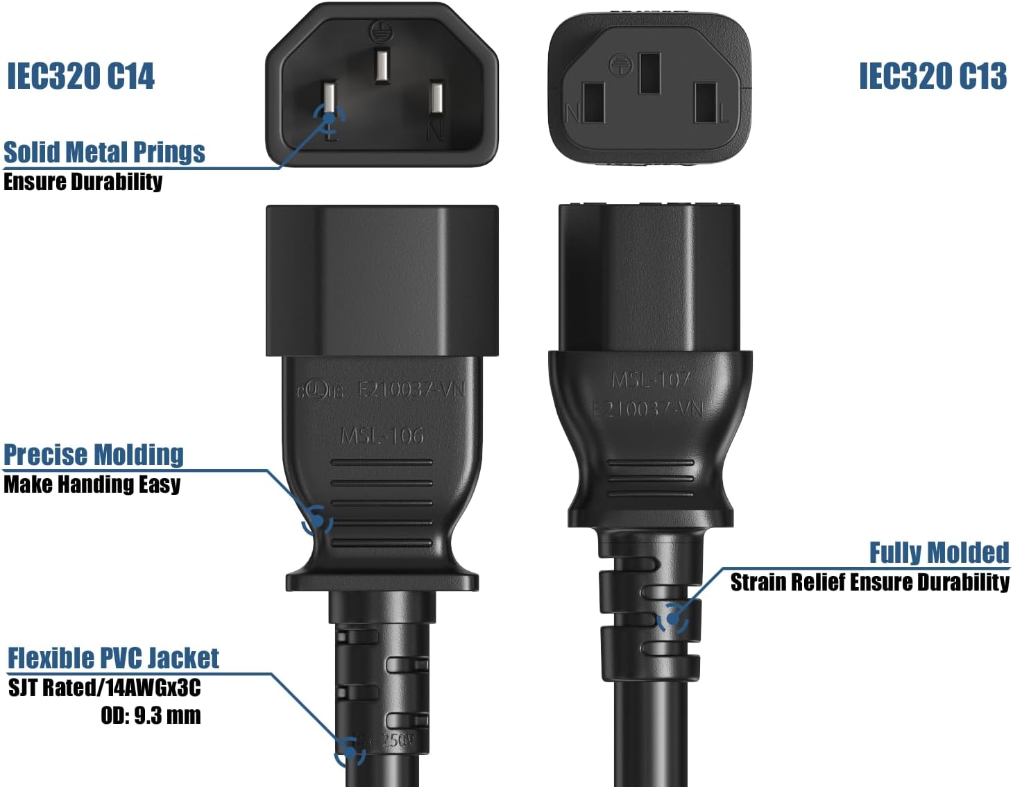14AWG 6FT Heavy-Duty PDU Power Cord C13 To C14 Power Cable